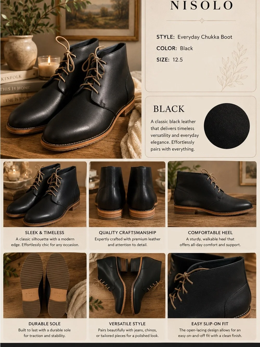 NIB Nisolo Everyday Black Leather Chukka Boots with Tan Laces Business Casual